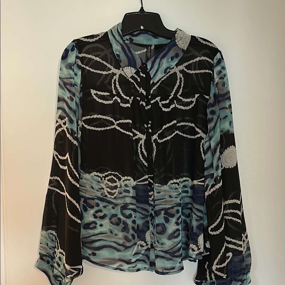 Blue Abstract Long Sleeve Blouse with Mandarin Collar